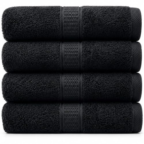 Harmatex 4 teiliges Premium Handtuchset - 100% Baumwolle 550 g/m², ÖKOTEX Zertifiziert, saugstark, 2 Aufhängeschlaufen, 50X100 cm, schnelltrocknend (Schwarz, 4 Handtücher (50X100cm))