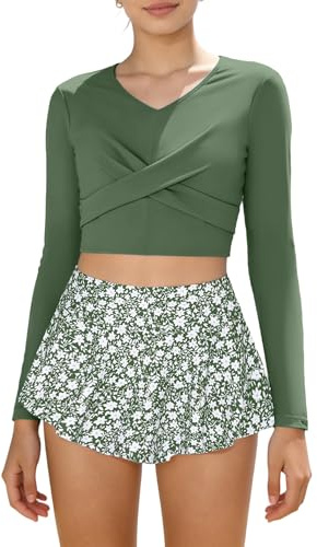Glaoly Long Sleeve Swimsuit Girls Rash Guard Summer Criss Cross Shirt with Tropical Floral Print Swimming Skirt 2-Piece Girls Bathing Suits Size 8-10