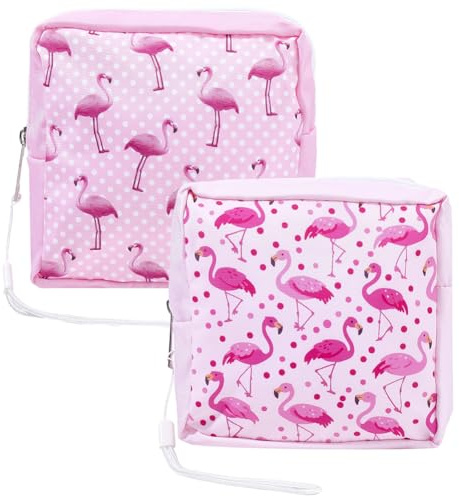 PRESSINART 2 Pièces 2 Styles Pochette Menstruelle Rose Flamant Sac à Serviettes Hygiéniques 5.12 x 5.12 x 1.57 Pouces Imprimé Flamant Rose Mignon Étanche Organisateur de Voyage Portable pour Femmes