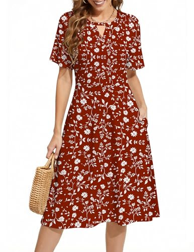 Zeagoo Vestido de verano para mujer, elegante, manga corta, cuello redondo, línea A, vestido de flores, vestido informal con bolsillo, S-XXL