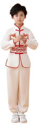 Boys Girls Chinese Suit Training Uniforms Traditional Arts Wing Chun Outfits, White, 9-10 Years