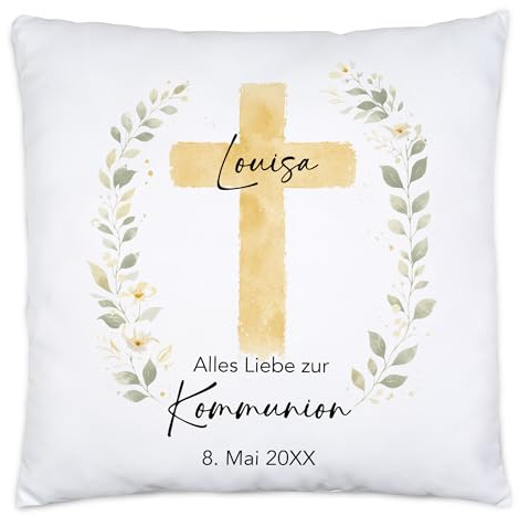 Kiddle-Design Personalisiertes Kommunion Kissen mit Name und Datum, Geschenk zur heiligen Kommunion christlich Gold Kreuz für Mädchen, Junge, Kommunionsgeschenk Patenkind