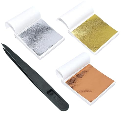 Blattgold,300 Blatt Blattgold Zum Basteln,Blattgold Bunt,Gold Leaf Sheets Geeignet FüR Metallfolienkunstprojekte,Kupferfolie,Diy-Bastelarbeiten,MöBel,Gold,Blattsilber,RoséGold (9 * 9 Cm)Mit Pinzette