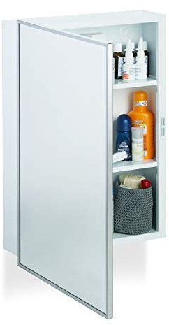 Relaxdays Spiegelschrank Bad, Hängeschrank, eintüriger Wandschrank aus Stahl, mit 3 Ablagen, HBT: 56x40,5x12,5 cm, weiß, 10024533