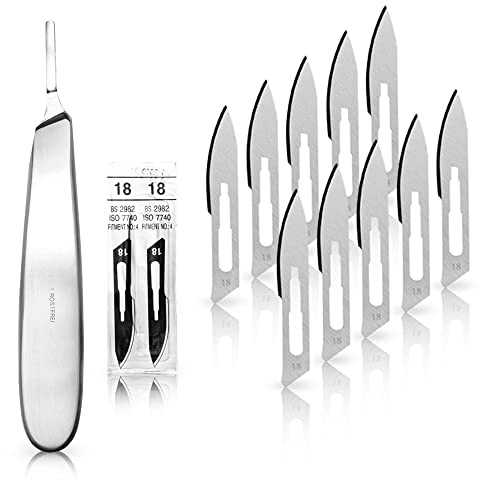 May 10x Skalpellklingen Fig. 18 & Halter bauchiger Griff | 10 sterile Skalpellklingen (Figur 18) inkl. Edelstahl-Halter mit bauchigem Griff. Für Podologen