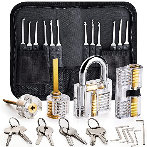 Kit de Crochetage Serrure, Preciva 26-Pièce Lock Picking Kit, Outils de D’entraînement avec 4 Serrures Transparente pour Serruriers Débutant et Pro (Transparent)