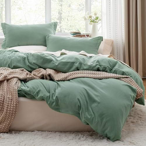 Bedsure Prewashed Duvet Cover Queen, Cotton-Like Bedding Set, Sage Green