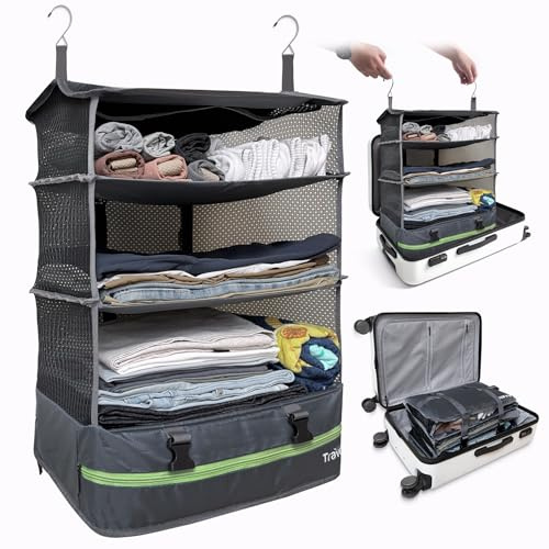 Stow-N-Go Hängande resegarderob, portabla packkuber för bagageväskor Klädskåp med handtvätt. Expanderbar packkub. Resetillbehör. grå, storlek XL