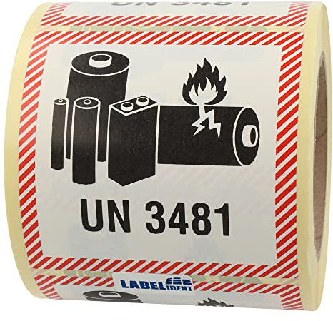 Labelident Lithium-Ionen-Batterien Transportaufkleber UN 3481, 100 x 100 mm, 500 Etiketten aus Papier auf Rolle, Gefahrgutaufkleber für Versand