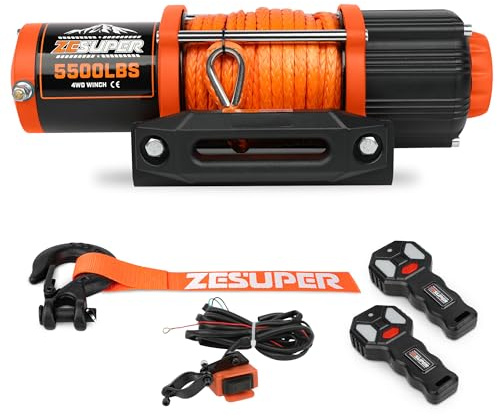 ZESUPER 5500 lb Electric Winch 12 Volt Winch Kit for ATV UTV Boat Trailer Waterproof IP67 Synthetic Rope with Wireless Remote Handheld Switch Mounting Plate