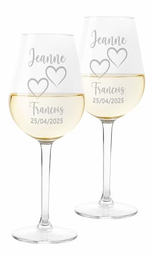 Colorfamily Paire de Verres à Vin Personnalisés - Set de 2 Verres avec Nom et Date de Mariage ou de Fiançailles - Verre en Verre de 500 ml