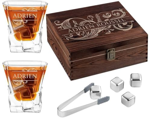 Maverton 8 Pierres à Refroidissement & 2 Verres gravés pour Homme | Verres à Whisky 250 ML dans la boîte Personnalisée en Bois, Cadeau pour Whiskey connoisseurs, Cadeau Noel, Ornements