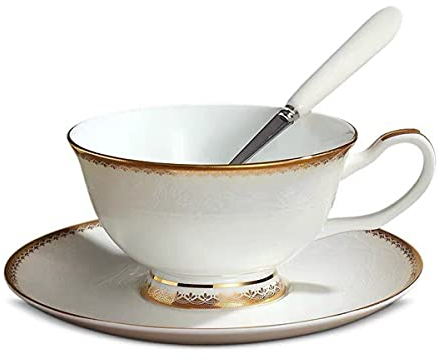 YBK Tech Tasse et soucoupe en porcelaine anglaise avec bords dorés pour le matin, le café, le thé de l'après-midi - Motifs floraux en relief
