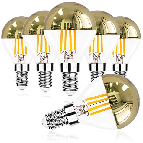 P45 4W Vintage LED Filament Glühbirne, Halbgoldene Spiegelglühbirne, Energiesparendes Warmweiss 2700K Birne, E14 Kandelabersockel, 40 Watt Äquivalent, Dimmbar Leuchtmittel Verspiegelt, 6 Stück