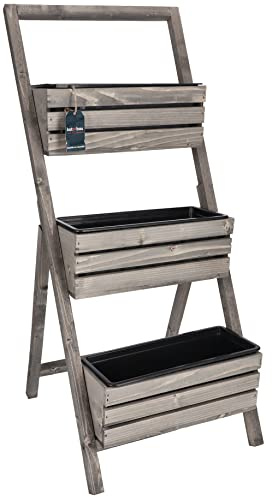 KOTARBAU® Blumenetagere Blumentreppe mit Einsatz 3 Etagen für Pflanzen Blumenregal innen & außen Holz 46x58x105 cm Blumentopf Grau