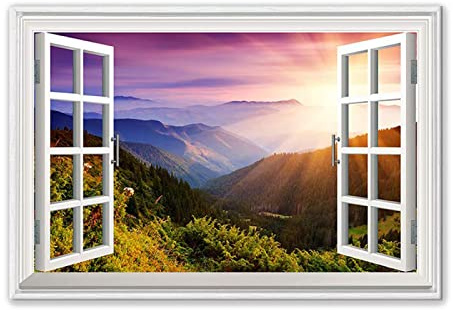 Tableau de Paysage-Impression sur toile Fausse Fenêtre-Decoration Murale Salon Moderne 3D fenêtre Vue Tableau XXL-Image Paysage Montagne du coucher du soleil 30x45cm(12x18in)Sans cadre
