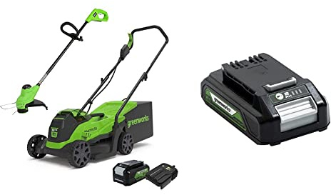 Greenworks Elektro-Rasenmäher 24V 33cm 30L Grasfangbox und Kabelloser Rasentrimmer 25cm automatischer Vorschubkopf mit Akku 4Ah und Ladegerät GD24LM33LT25K4 & Akku G24B2