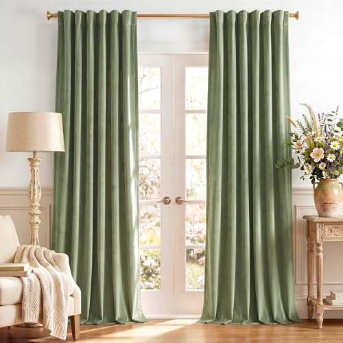 StangH Sage Green Velvet Curtains 120 inches - High Ceiling to Floor Curtains Back Tab Thermal Insulated Drapes for Sliding Door/French Door/Hall, W52 x L120, 2 Panels | Back Tab, Room Darkening, 300GSM Soft Velvet, Privacy Door Curtains for Living, Dining Room, Holiday, Chrismas, Home Decor