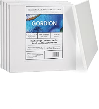 Gordion Bespannte Keilrahmen Set, 5'er Packung, 280 g/m² Leinwandstoff aus Baumwolle, geeignet für Acyrl-, Öl-, und Gouachefarben (30x30), Weiss