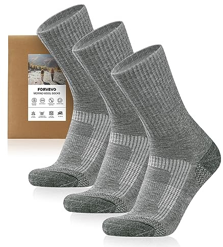 FORVEVO 3 Paar Wintersocken Herren 43-46 Grau, 60% Merinowolle Wandersocken Herren Gepolstert, Sportscoken, Arbeitssocken für Trekking Outdoor