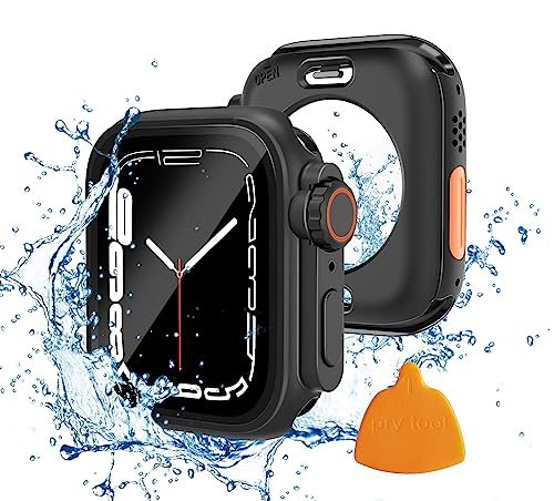 Yolovie 2 in 1 wasserdichte Hülle Kompatibel mit Apple Watch 44mm SE3/SE2/SE Serie 6/5/4 Displayschutz (Ultra Style Gehäuse) iWatch Glas Schutzhülle PC Schutz Case Zubehör, Schwarz