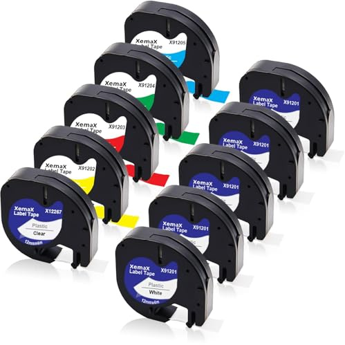 10x Etikettenband Ersatz für Dyno Letra Etikettenband 12mm x 4m 16951 91221 91222 91223 91224 91225 Etiketten Kunststoff Bänder für Beschriftungsgerät LT-100H 100T XR XM QX50 2000 200B 80