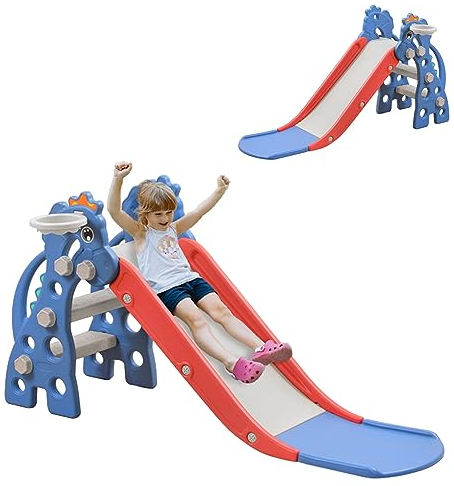 SUBTLETY Kinderrutsche 3 in 1 Freistehende Rutsche für Kinder Indoor Outdoor Kleinkinderrutsche mit Basketballkorb & Kletterturm Rutschlänge 146 cm Gartenrutsche für Kinder ab 1 Jahr (Typ A)