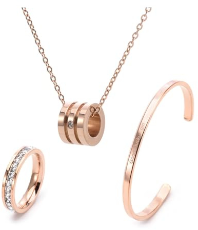 RPAEOY Schmuckset für Damen und Mädchen Zirkonia Edelstahl Rose Vergoldet Anhänger Halskette Ohrringe Armband Set Schmuck Set Brautschmuck (Gold)