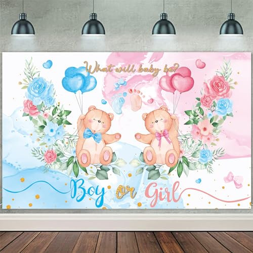 Rosa e Blu Genere Rivela Sfondo Decorazioni, Boy or Girl Gender Reveal Backdrop Banner per Feste, Fiore Orso Banner Sfondo di Fotografia per Bambini Compleanno Baby Shower 180 x 115cm (B)