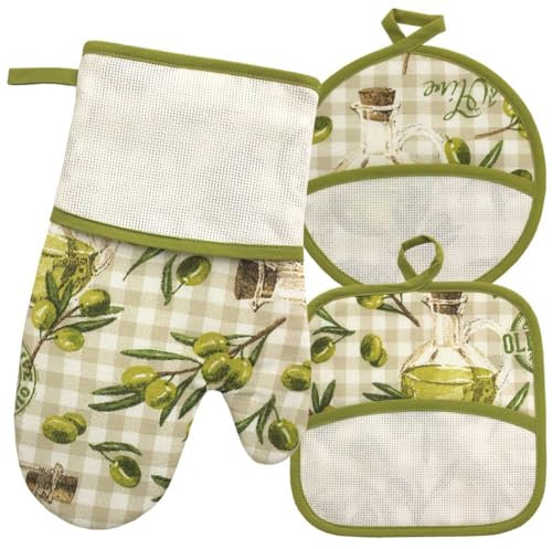 Guantone e presine da cucina da ricamare a Punto Croce, Set Guanto da forno e presine, Guantone da forno e presine con Tela Aida in fantasia olive
