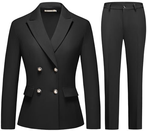 MODFUL Damen 2 Stück Business Anzug Zweireiher Blazer und Hose Arbeitsanzug Set, Schwarz, X-Groß