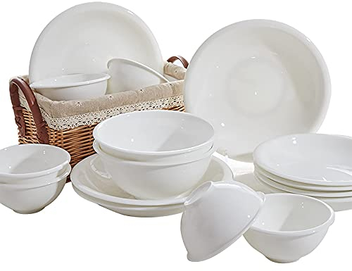 56-TLG. Bone China Tafelservice, Porzellan Weiss Rund Verdicken Serviergeschirr Kombi-Set mit Müslischale Dessertteller Geschirr und Suppentopf Service für 12 Personen