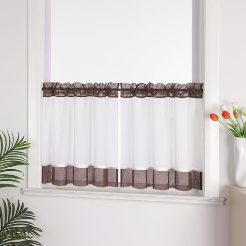 Joyswahl Leinenoptik Scheibengardine im Landhausstil »Jasmin« Cáfe Gardinen Transparent Kurz Küchengardinen Bistrogardinen Wohnzimmer Braun HxB 45x120cm 1 Stück
