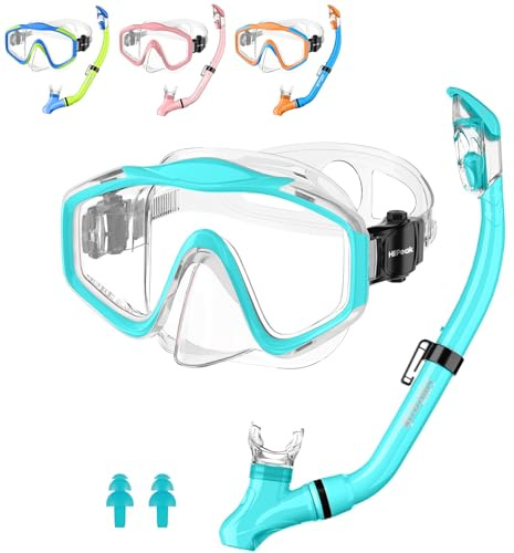 HiiPeak Kids Snorkel Set, Dry Top Snorkel Mask Snorkelling Package, Snorkelling Diving Mask with Breathing Tube Panoramic View Tempered Glass Anti-Fog, Children Swimming Goggles,Snorkeling Gear