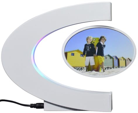Levitating Photo Frame with LED Colorful Lights Magnetic Levitation Floating Rotating Picture Frame Display Stand Night Lights for Home Office Desk Decoration Wedding Gift, C Shape White
