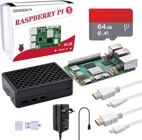 GeeekPi Starter Kit für Raspberry Pi 5 8GB, mit Raspberry Pi 5 & Aluminium Gehäuse Passiv Kühlung Armor Gehäuse V5, 64GB SD Karte und Kartenleser, 2pcs HDMI Kabel, 27W USB C 5.1V 5A Netzteil