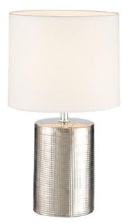 Tischlampe mit Keramikfuß Silber Antik & Stoffschirm Leinen Weiß, Höhe 35cm