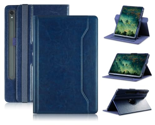 TOPCASE 360° rotationsfodral kompatibelt med Samsung Galaxy Tab S9 FE/S9/S8/S7 11 tum (SM-X510/X516/X518/X710/X716/X718/X700/T870) skyddsfodral med handrem och automatisk uppvakning/sömn, marinblå