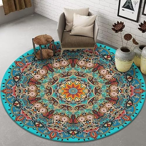 Orientalischer Vintage Rund Teppich Wohnzimmer 160x160cm Boho Blumen Böhmen Ethnischer Stil Distressed Bunter Rugs Rutschfest Waschbarer Mandala Kurzflor Carpet Für Schlafzimmer Teppichboden