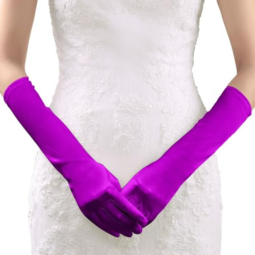 Lang Satinhandschuhe Abendhandschuhe Opernhandschuhe Abend Party Handschuhe Dehnbare 1920er Jahre Retro Armstulpen Handschuhe für Frauen Mädchen Halloween Cosplay Karneval Jahrestag (Purple, One Size)