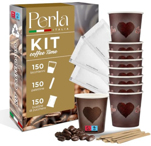 Perla, Kit 150 Bicchierini Caffè 75 ml in Carta, 150 Palettine in Legno, 150 Bustine di Zucchero, Bicchieri Caffè e Palettine Monouso, Bicchierini di Carta Usa e Getta