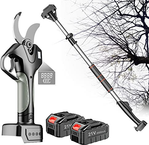 Secateur Electrique Sans Fil, Sécateur électrique Professionnel Sécateur Portatif De Jardin Avec Perche Télescopique 2.1m,Batterie Au Lithium Rechargeable 21V Outils De Jardinage sans Fil(2 Battery,1