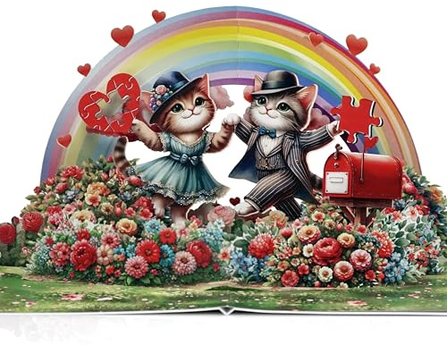 CUTPOPUP Katzenpaar mit Regenbogen Valentinskarte Pop Up, Karte Vatertag, Geburtstagskarte, Karte Liebe, Hochzeitskarte, Geburtstagskarte Frau für Ehemann, Ehefrau, Sie, Ihn (Cat Rainbow) US8LO181DE