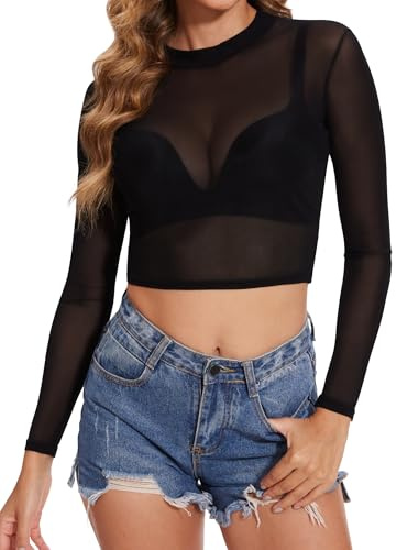 Kiiwah Dam T-shirt Transparent Sexig Crop Top Skjorta Mesh Toppar Långa Nättröjor Tunika Blusar Casual Toppar Transparent Tröja Clubwear Tyll Svart T-shirt, Svart polokrage, M