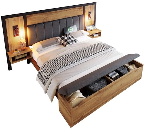 xixiworkshop Doppelbett Polsterbett 160×200cm, Bettanlage mit USB C Nachttisch und Sitzbank mit Stauraum, Bettgestell mit Lattenrost aus Metall, Holz und Leinen, Eiche (Ohne Matratze, 160×200cm)