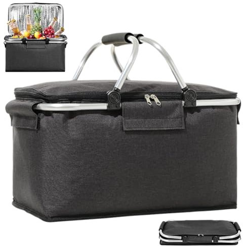 18L Einkaufskorb Kühltasche：Einkaufskorb Isoliert,kühltasche faltbar,Gepolsterte Stützstange,Einkaufskorb mit Deckel,KüHltasche Picknickkorb für Camping Picknick Reisen Innenbeutel(Schwarz)