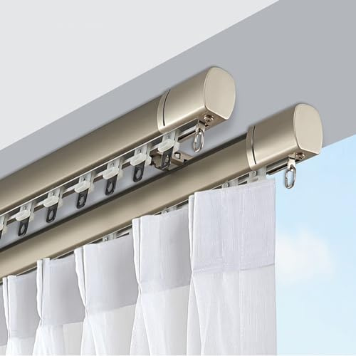 MZQMK Vorhangschiene, Gardinenstange Innenlauf 2-läufig, Industrial Vorhangstange Deckenmontage, Für Schiebevorhänge, Gardinen Und Vorhänge(Side-Loading Gold,1.4m/4.6ft)