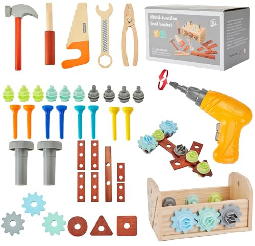 Kids Tool Set - 54 PCS Wooden Toddler Tool with Wooden Box, Educational Pretend Play Construction Toy for 2 3 4 5 6 Year Old Boys Girls, Toddle Electronic Toy Drill Children Montessori STEM