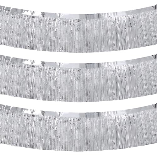 Lot de 3 guirlandes à franges en feuille métallique de 30 x 300 cm à suspendre au mur, bannière d'anniversaire, rideau à franges scintillantes, décorations de fête, argenté