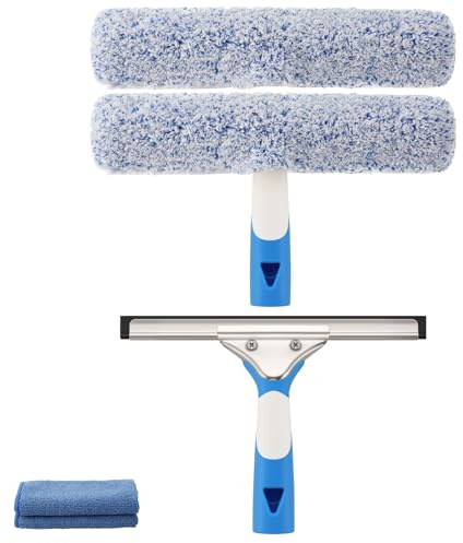 Mitclear Professional Window Cleaning Kit 10IN, Window Cleaner Tool with Silicone Squeegee, Microfiber Scrubber & Cloth, Household Cleaning Equipment for Shower Glass Mirror Door Car, Indoor/Outdoor